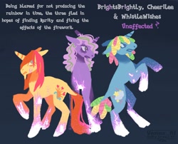 Size: 1660x1340 | Tagged: safe, artist:venus_ai_, part of a set, brights brightly, cheerilee (g3), whistle wishes, pony, unicorn, g3, angry, blue background, blue coat, glitter, horn, infected, infection, infection au, mlp infection, multicolored mane, multicolored tail, on hind legs, open mouth, orange coat, orange mane, orange tail, purple coat, purple mane, raised hoof, raised leg, rearing, signature, simple background, tail, two toned mane, worried