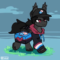 Size: 1200x1200 | Tagged: safe, artist:cuiicie, oc, oc only, bat pony, cap, clothes, delivery pony, hat, hoodie, male, solo, unshorn fetlocks, walking