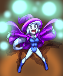 Size: 2450x2940 | Tagged: safe, artist:shadowhawx, trixie, human, equestria girls, g4, boots, breasts, busty trixie, clothes, female, high res, leotard, looking up, magic, magic show, open mouth, open smile, shoes, smiling, solo, spread arms