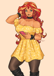 Size: 1754x2480 | Tagged: safe, artist:nire, sunset shimmer, equestria girls, g4, bare shoulders, black lipstick, blushing, boob freckles, boots, bracelet, breasts, busty sunset shimmer, chest freckles, choker, cleavage, clothes, dress, ear piercing, earring, eyebrows, eyeliner, eyeshadow, female, freckles, jewelry, lipstick, long nails, makeup, moderate dark skin, nail polish, peppered bacon, phone, piercing, pose, raised eyebrow, shoes, smiling, spiked choker, spiked wristband, stockings, sundress, tan lines, tanned, thigh highs, wristband