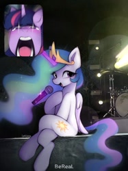 Size: 905x1207 | Tagged: safe, artist:lerkfruitbat, princess celestia, twilight sparkle, alicorn, pony, g4, bereal., crossed legs, crying, drum kit, drums, faic, lights, magic, meme, microphone, musical instrument, picture-in-picture, ponies sitting like humans, ponified meme, screaming, screaming fan meme, singing, sitting, stage, telekinesis