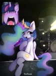 Size: 905x1207 | Tagged: safe, artist:lerkfruitbat, princess celestia, twilight sparkle, alicorn, pony, g4, bereal., crossed legs, crying, drum kit, drums, lights, magic, meme, microphone, musical instrument, picture-in-picture, ponies sitting like humans, ponified meme, screaming, screaming fan meme, singing, sitting, stage, telekinesis