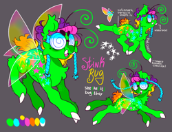 Size: 2048x1574 | Tagged: safe, artist:cocopudu, oc, oc only, oc:stink bug, bug pony, insect, pony, antennae, beanbrows, beauty mark, cheek fluff, chest fluff, color palette, colored hooves, colored wings, ear fluff, ear tufts, eyebrows, eyestrain warning, fairy wings, flying, glasses, gradient mane, gradient tail, gray background, insect wings, leg fluff, multicolored wings, name, nonbinary, open mouth, open smile, pronouns, reference sheet, round glasses, simple background, smiling, solo, swirly glasses, tail, transparent wings, tusk, underbite, wings