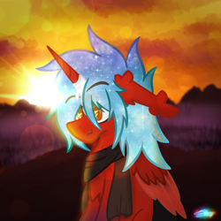 Size: 2048x2048 | Tagged: safe, artist:linkle, oc, oc only, alicorn, clothes, lens flare, scarf, solo, sunrise