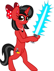 Size: 590x776 | Tagged: safe, artist:mickey1909, oc, oc:minnie motion, unicorn, bipedal, bow, female, hair bow, horn, lightsaber, simple background, solo, star wars, transparent background, weapon
