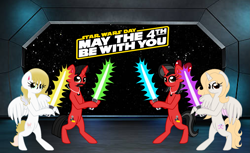 Size: 2233x1370 | Tagged: safe, artist:mickey1909, oc, oc only, oc:honey bun, oc:mickey motion, oc:minnie motion, oc:mythical valiant, bipedal, lightsaber, may the fourth be with you, star wars, weapon