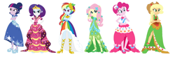 Size: 1904x624 | Tagged: safe, artist:machakar52, artist:selenaede, applejack, fluttershy, pinkie pie, rainbow dash, rarity, twilight sparkle, alicorn, human, equestria girls, g4, applejack also dresses in style, applejack's first gala dress, base used, blue dress, boots, bracelet, clothes, cowboy hat, crossed arms, crown, dress, flower, flower in hair, fluttershy also dresses in style, fluttershy's first gala dress, gala dress, glass slipper (footwear), green dress, hair bun, hairpin, hand on hip, hat, high heel boots, high heels, jewelry, looking at you, mane six, necklace, pink dress, pinkie pie also dresses in style, pinkie pie's first gala dress, ponytail, rainbow dash always dresses in style, rainbow dash's first gala dress, rainbow dress, rarity always dresses in style, rarity's first gala dress, regalia, shoes, simple background, smiling, smiling at you, starry dress, stars, top hat, twilight sparkle (alicorn), twilight sparkle always dresses in style, twilight sparkle's first gala dress, white background