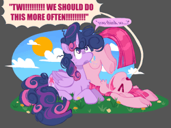 Size: 2128x1596 | Tagged: safe, artist:koidial, pinkie pie, twilight sparkle, alicorn, earth pony, pony, g4, ><, alternate hairstyle, animated, chest fluff, cloud, curly mane, curly tail, dialogue, duo, duo female, ear fluff, emanata, eyes closed, female, flesh fang, flower, folded wings, gif, grass, hairstyle swap, horn, lesbian, lying down, mare, prone, ship:twinkie, shipping, sky, speech bubble, sun, tail, twilight poofle, twilight sparkle (alicorn), wings