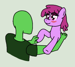 Size: 827x733 | Tagged: safe, artist:cutehorseprions, berry punch, berryshine, oc, oc:anon, earth pony, human, pony, g4, blushing, female, green background, holding hoof, lidded eyes, mare, simple background
