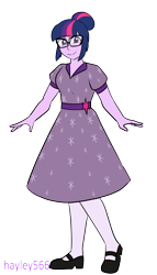 Size: 1804x3160 | Tagged: safe, artist:hayley566, sci-twi, twilight sparkle, equestria girls, g4, 1950s, alternate hairstyle, clothes, dress, female, flats, glasses, shoes, simple background, socks, solo, stockings, thigh highs, transparent background