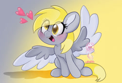 Size: 2314x1592 | Tagged: safe, artist:sparkiethewolf, derpy hooves, pegasus, pony, g4, blushing, colored wings, cute, derpabetes, eye clipping through hair, female, floating heart, gradient background, gray background, heart, mare, open mouth, open smile, shadow, simple background, sitting, smiling, solo, spread wings, two toned background, two toned wings, watermark, wings, yellow background