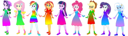 Size: 3923x1121 | Tagged: safe, artist:invisibleink, artist:tylerajohnson352, applejack, fluttershy, pinkie pie, rainbow dash, rarity, starlight glimmer, sunset shimmer, trixie, twilight sparkle, human, equestria girls, g4, beanie, beautiful, bracelet, clothes, colorful, cowboy hat, dress, female, flats, glitter, hairpin, hat, humane five, humane seven, humane six, jewelry, shoes, simple background, sleeveless, sparkles, sparkly dress, sparkly hair, transparent background