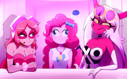 Size: 3104x1934 | Tagged: safe, artist:the-butch-x, pinkie pie, demon, human, equestria girls, g4, blue screen of death, clothes, crossover, derp, evening gloves, faic, female, gloves, helluva boss, long gloves, miss heed, pink, sunglasses, sunglasses on head, tank top, trio, trio female, verosika mayday, villainous