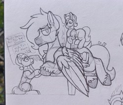 Size: 2543x2168 | Tagged: safe, artist:drheartdoodles, aloe, lotus blossom, oc, oc:dr.heart, clydesdale, pegasus, pony, bench, cutie mark, dialogue, female, frowing, lineart, male, mare, massage, size difference, sketch, smiling, spa, stallion, table, talking, traditional art, unshorn fetlocks