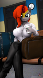 Size: 2160x3840 | Tagged: safe, artist:korizen, oc, oc:maple melody, kirin, anthro, 3d, big breasts, breasts, businessmare, clock, coffee, crossed legs, kirin oc, looking at you, luggage, smiling, solo, source filmmaker, suitcase, train station