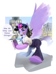 Size: 930x1228 | Tagged: safe, artist:vondsketch, twilight sparkle, alicorn, pony, g4, bipedal, cellphone, city, clothes, female, frustrated, mare, necktie, pants, phone, shirt, smartphone, solo, spread wings, twilight sparkle (alicorn), wings