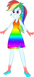 Size: 697x1568 | Tagged: safe, artist:invisibleink, artist:tylerajohnson352, rainbow dash, equestria girls, g4, bare shoulders, beautiful, bracelet, clothes, colorful, dress, ear piercing, earring, female, flats, glitter, gradient clothes, gradient dress, gradient hair, jewelry, piercing, rainbow dash always dresses in style, rainbow dress, shoes, simple background, sleeveless, solo, sparkles, sparkly dress, sparkly hair, transparent background