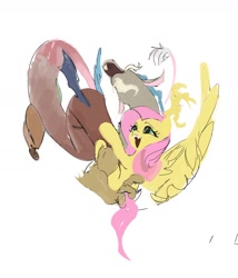 Size: 1422x1665 | Tagged: safe, artist:vondsketch, discord, fluttershy, draconequus, pegasus, pony, duo, duo male and female, facial hair, fangs, female, flying, goatee, heart, heart eyes, hug, male, mare, ship:discoshy, shipping, simple background, spread wings, straight, white background, wingding eyes, wings
