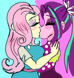 Size: 700x733 | Tagged: safe, artist:vanillawaffer3000, aria blaze, fluttershy, human, equestria girls, g4, ariashy, blushing, duo, duo female, eyes closed, eyeshadow, female, holding each other, kiss on the lips, kissing, lesbian, makeup, requested art, shipping