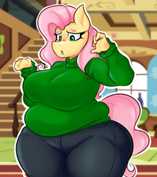Size: 1800x2030 | Tagged: safe, artist:disco chaos, fluttershy, pegasus, anthro, g4, bbw, big breasts, breasts, clothes, curvy, denim, fat, fattershy, female, huge breasts, jeans, outline, pants, solo, sweater, sweatershy, white outline, wide hips