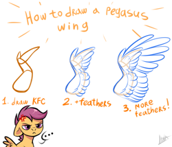 Size: 1545x1323 | Tagged: safe, artist:lina, scootaloo, ..., floppy ears, kfc, looking at you, meme, sketch, text, tutorial, wings