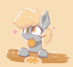 Size: 721x665 | Tagged: safe, artist:skylinepony_, derpy hooves, pegasus, pony, g4, cookie, eating, female, food, heart, orange background, simple background, solo
