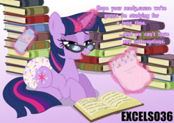Size: 935x661 | Tagged: safe, artist:excelso36, twilight sparkle, pony, unicorn, g4, bedroom eyes, diaper, diaper butt, diaper fetish, female, fetish, glowing, glowing horn, gradient background, horn, levitation, magic, mare, non-baby in diaper, poofy diaper, solo, tail, talking to viewer, telekinesis