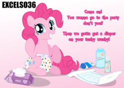 Size: 935x661 | Tagged: safe, artist:excelso36, pinkie pie, pony, g4, diaper, diaper butt, diaper fetish, female, fetish, gradient background, mare, non-baby in diaper, poofy diaper, solo, tail, talking to viewer