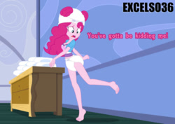 Size: 935x661 | Tagged: safe, artist:excelso36, pinkie pie, human, baby cakes, equestria girls, g4, barefoot, changing table, clothes, diaper, diaper fetish, diaper on head, diapered, feet, female, fetish, looking back, non-baby in diaper, poofy diaper, scene interpretation, show accurate, solo, talking