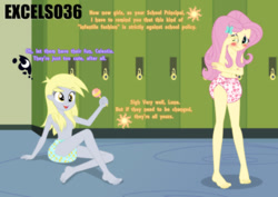 Size: 935x661 | Tagged: safe, artist:excelso36, derpy hooves, fluttershy, human, barefoot, blushing, canterlot high, diaper, diaper fetish, diapered, embarrassed, feet, fetish, happy, implied princess celestia, implied princess luna, lockers, non-baby in diaper, nudity, partial nudity, rattle