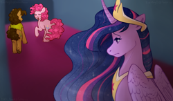 Size: 1760x1030 | Tagged: safe, artist:violetpony11, cheese sandwich, pinkie pie, twilight sparkle, alicorn, earth pony, pony, g4, butt, crown, ethereal mane, eyes closed, female, implied lesbian, implied shipping, implied twinkie, indoors, jewelry, male, mare, older, older twilight, older twilight sparkle (alicorn), open mouth, open smile, peytral, plot, princess twilight 2.0, regalia, ship:cheesepie, shipping, smiling, stallion, starry mane, straight, teary eyes, trio, twilight sparkle (alicorn), unrequited