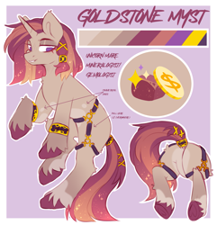 Size: 2607x2700 | Tagged: safe, artist:cheekipone, oc, oc only, oc:goldstone myst, pony, unicorn, bracelet, butt, female, gold, gold coins, harness, horn, jewelry, mare, reference sheet, rock, solo
