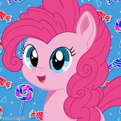 Size: 1980x1986 | Tagged: safe, artist:codenamekid, pinkie pie, earth pony, pony, g4, blue background, candy, curly hair, curly mane, cute, digital art, female, food, happy, lollipop, looking at you, mare, open mouth, shading, simple background, solo, stars, triangle