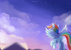 Size: 3665x2568 | Tagged: safe, artist:nnaly, rainbow dash, pegasus, pony, g4, cloud, facing away, female, flying, high res, mare, missing cutie mark, mountain, night, night sky, outdoors, signature, sky, solo, spread wings, stars, tail, wings