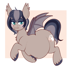 Size: 728x702 | Tagged: safe, artist:lulubell, oc, oc only, oc:midnight snack, bat pony, belly, big belly, fangs, fat, female, freckles, hoof on belly, looking at you, obese, round belly, solo, spread wings, wings