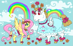 Size: 527x332 | Tagged: safe, artist:suippumato, bulk biceps, fluttershy, pegasus, pony, g4, rainbow falls, blue background, clothes, dress, duo, duo male and female, female, floral head wreath, flower, flower in tail, male, mare, rainbow, simple background, stallion, standing on two hooves, tail