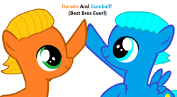 Size: 1116x610 | Tagged: safe, artist:memeartboi, earth pony, pegasus, pony, best bros, best friends, best friends forever, bff, brofist, brothers, colt, cute, darwin watterson, duo, duo male, foal, gumball watterson, happy, high five, male, ponified, sibling, sibling bonding, sibling love, siblings, simple background, smiling, the amazing world of gumball, white background