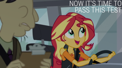 Size: 1920x1080 | Tagged: safe, edit, edited screencap, editor:quoterific, screencap, cranky doodle donkey, sunset shimmer, driving miss shimmer, equestria girls, g4, my little pony equestria girls: choose your own ending