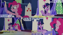Size: 2000x1125 | Tagged: safe, edit, edited screencap, editor:quoterific, screencap, pinkie pie, twilight sparkle, g4, not asking for trouble