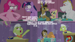 Size: 2000x1125 | Tagged: safe, edit, edited screencap, editor:quoterific, screencap, angel bunny, applejack, bulk biceps, doctor whooves, fluttershy, granny smith, matilda, pinkie pie, spike, time turner, twilight sparkle, alicorn, donkey, dragon, earth pony, pegasus, pony, rabbit, a trivial pursuit, g4, animal, bell, female, male, mare, stallion, twilight sparkle (alicorn), winged spike, wings