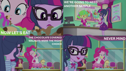 Size: 2000x1125 | Tagged: safe, edit, edited screencap, editor:quoterific, screencap, applejack, pinkie pie, sci-twi, twilight sparkle, equestria girls, g4, my little pony equestria girls: choose your own ending, tip toppings