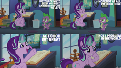 Size: 2000x1125 | Tagged: safe, edit, edited screencap, editor:quoterific, screencap, spike, starlight glimmer, dragon, pony, unicorn, every little thing she does, g4, season 6, book, duo, duo male and female, female, horn, kite, male, mare, starlight's room, trash can