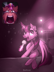 Size: 675x900 | Tagged: safe, artist:candy meow, sunny starscout, twilight sparkle, alicorn, earth pony, pony, g4, g5, bereal., cheek fluff, concert, crying, drum kit, drums, duo, ear fluff, female, hoof on chest, light, looking sideways, magic, mare, meme, microphone, musical instrument, open mouth, open smile, partially open wings, picture-in-picture, ponified, ponified meme, singing, sitting, smiling, sparkles, spotlight, stage, sunny and her heroine, tears of joy, telekinesis, wings