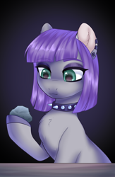 Size: 2600x4000 | Tagged: safe, artist:lina, boulder (g4), maud pie, earth pony, pony, collaboration:meet the best showpony, g4, choker, collaboration, colored hooves, colored pinnae, ear piercing, earring, eyeshadow, female, gradient background, half body, jewelry, looking at something, makeup, mare, piercing, purple eyeshadow, rock, solo, spiked choker