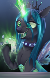 Size: 2600x4000 | Tagged: safe, artist:lina, boulder (g4), queen chrysalis, changeling, changeling queen, collaboration:meet the best showpony, g4, choker, collaboration, crown, cute, cutealis, ear piercing, fangs, glowing, glowing horn, horn, jewelry, piercing, regalia, smiling