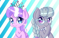 Size: 5950x3850 | Tagged: safe, alternate version, artist:kawaiipony2, diamond tiara, silver spoon, earth pony, pony, g4, absurd resolution, adorabullies, braid, braided ponytail, cute, diamondbetes, duo, duo female, eye clipping through hair, eyebrows, eyebrows visible through hair, female, filly, foal, glasses, jewelry, looking at you, necklace, ponytail, raised hoof, signature, silverbetes, smiling, smiling at you, tiara