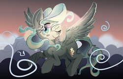 Size: 5950x3850 | Tagged: safe, artist:kawaiipony2, vapor trail, pegasus, pony, g4, absurd resolution, cloud, cute, female, looking at you, mare, one eye closed, smiling, smiling at you, solo, spread wings, tail, vaporbetes, wings, wink, winking at you