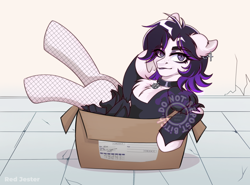 Size: 2818x2085 | Tagged: safe, artist:redjester, oc, oc only, earth pony, pony, accessory, box, chest fluff, choker, clothes, dress, ear fluff, ear piercing, earring, female, jewelry, mare, piercing, ponified, solo, solo female
