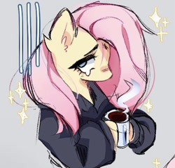 Size: 828x793 | Tagged: safe, fluttershy, pegasus, pony, clothes, coffee, coffee cup, coffee mug, cup, hoodie, jacket, mug, sad, simple background, solo, teary eyes, tired