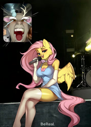 Size: 1629x2262 | Tagged: safe, artist:minekoo2, discord, fluttershy, draconequus, pegasus, anthro, bereal., breasts, clothes, crying, female, gloves, long gloves, male, meme, microphone, picture-in-picture, ponified meme, real life background, screaming, singing, socks, thigh highs